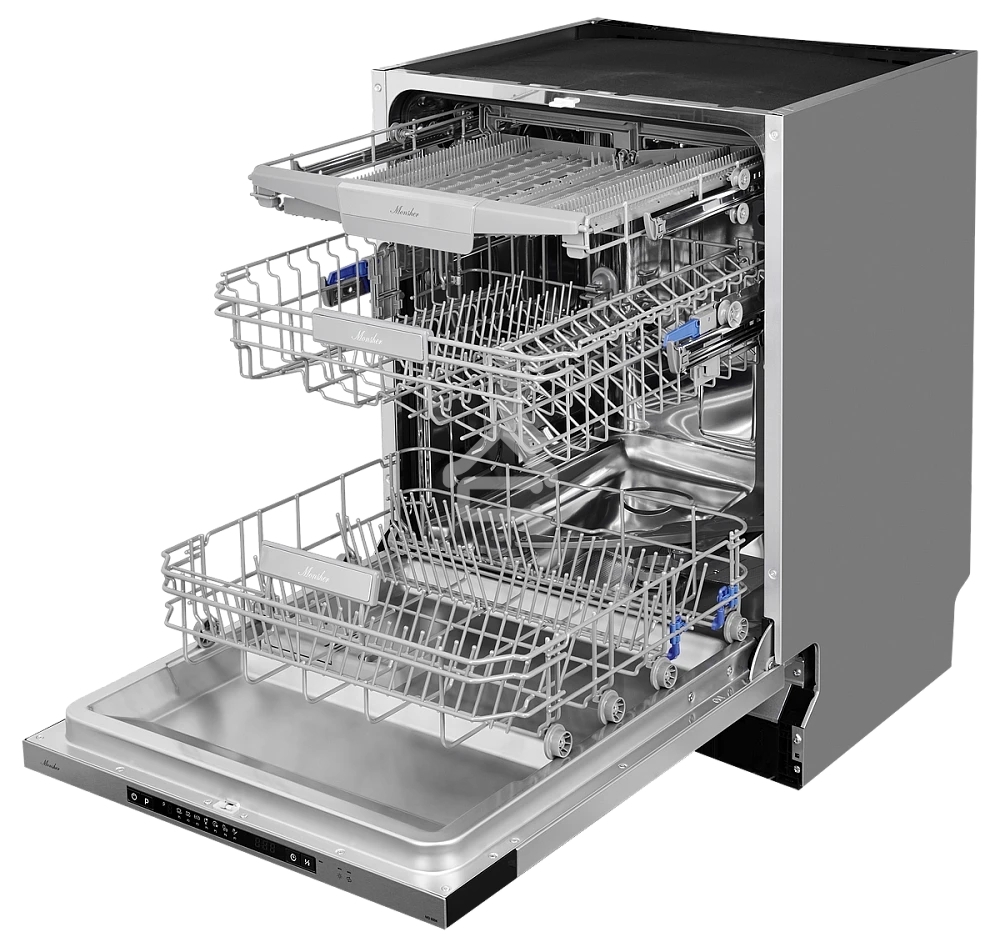 Встраиваемая посудомоечная машина MONSHER MD 6004, ширина 60 см, Количество корзин: 3, 14 комплектов посуды, Электронное управление, Цифровой дисплей, Отсрочка старта 1-24 часов, Луч на полу, Внутреннее освещение, программ: Интенсивная, Нормальная, ЕСО, С