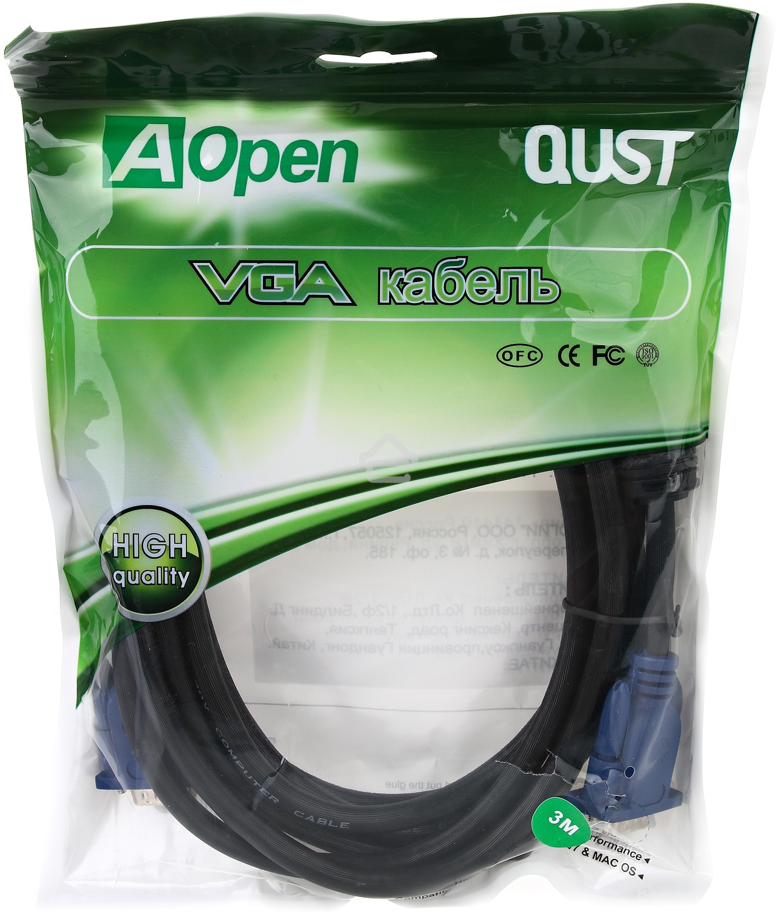 Кабель VGA 3м AOpen 2 фильтра, монитор-SVGA card 15M-15M, ACG341AD-3M