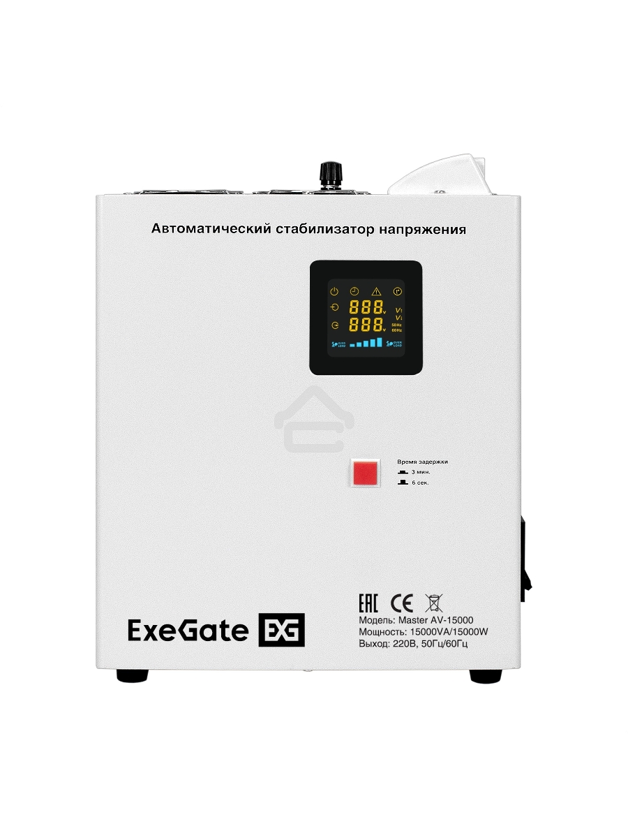 Стабилизатор напряжения настенный ExeGate Master AV-15000M (15000ВА, вход 140-260В, цветной дисплей, выход 220В±8%, КПД 98%, 5 уровней защиты, задержка, усиленный метал.корпус, 1*Schuko+клем.колодка, RTL)