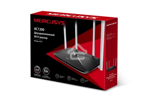 Беспроводный маршрутизатор Mercusys AC12, Dual Band, (867Мбит/с на 5 ГГц + 300Мбит/с на 2,4 ГГц)4 порта 100 Мбит/с, 4 фиксированных антенны