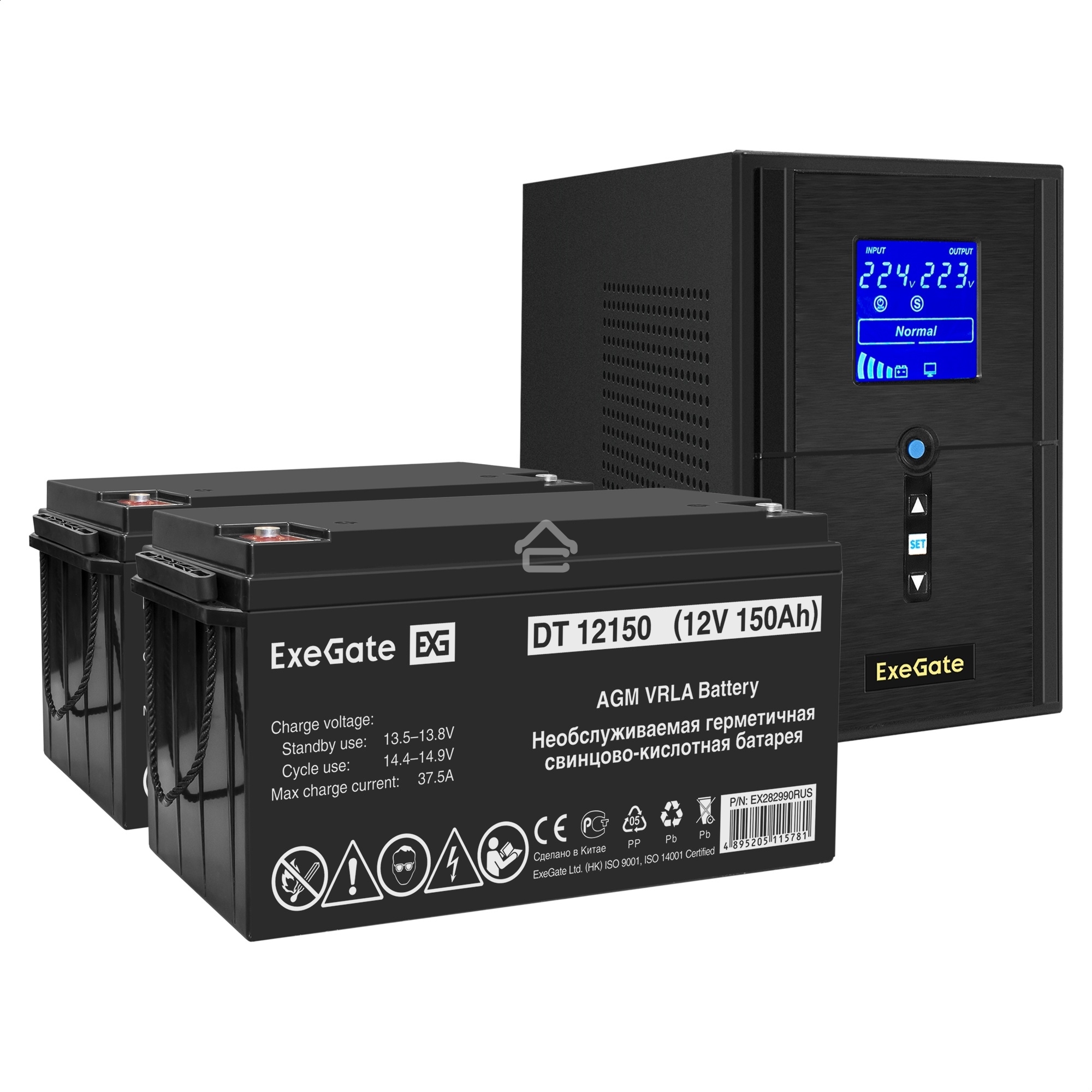 Комплект ИБП EX295987RUS + батарея 150Aч EX282990RUS 2шт (инвертор, синус, для котла) ExeGate SineTower SZ-1000.LCD.AVR.2SH.1C13.USB <1000VA/800W, чистый синусоида, LCD дисплей, AVR, 2*Schuko+1*C13, USB, линейно-интерактивный, Black> + батарея ExeGate DT 