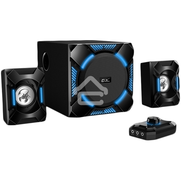 Компьютерные игровые колонки Genius SW-G2.1 1200, 100-240В,36Вт (Сабвуфер: 24Вт, Сателлиты: 6Втx2), мощные басы, синяя подстветка, блок управления, разъем