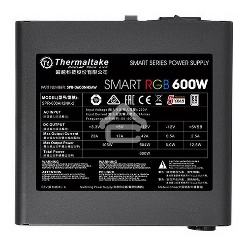 Блок питания Thermaltake Smart RGB (PS-SPR-0600NHSAWE-1), 600Вт, 80 PLUS, 120мм, черный