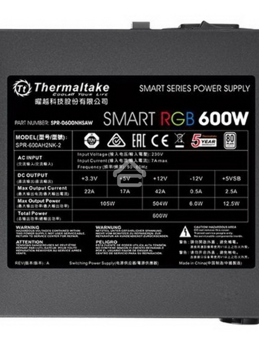 Блок питания Thermaltake Smart RGB (PS-SPR-0600NHSAWE-1), 600Вт, 80 PLUS, 120мм, черный