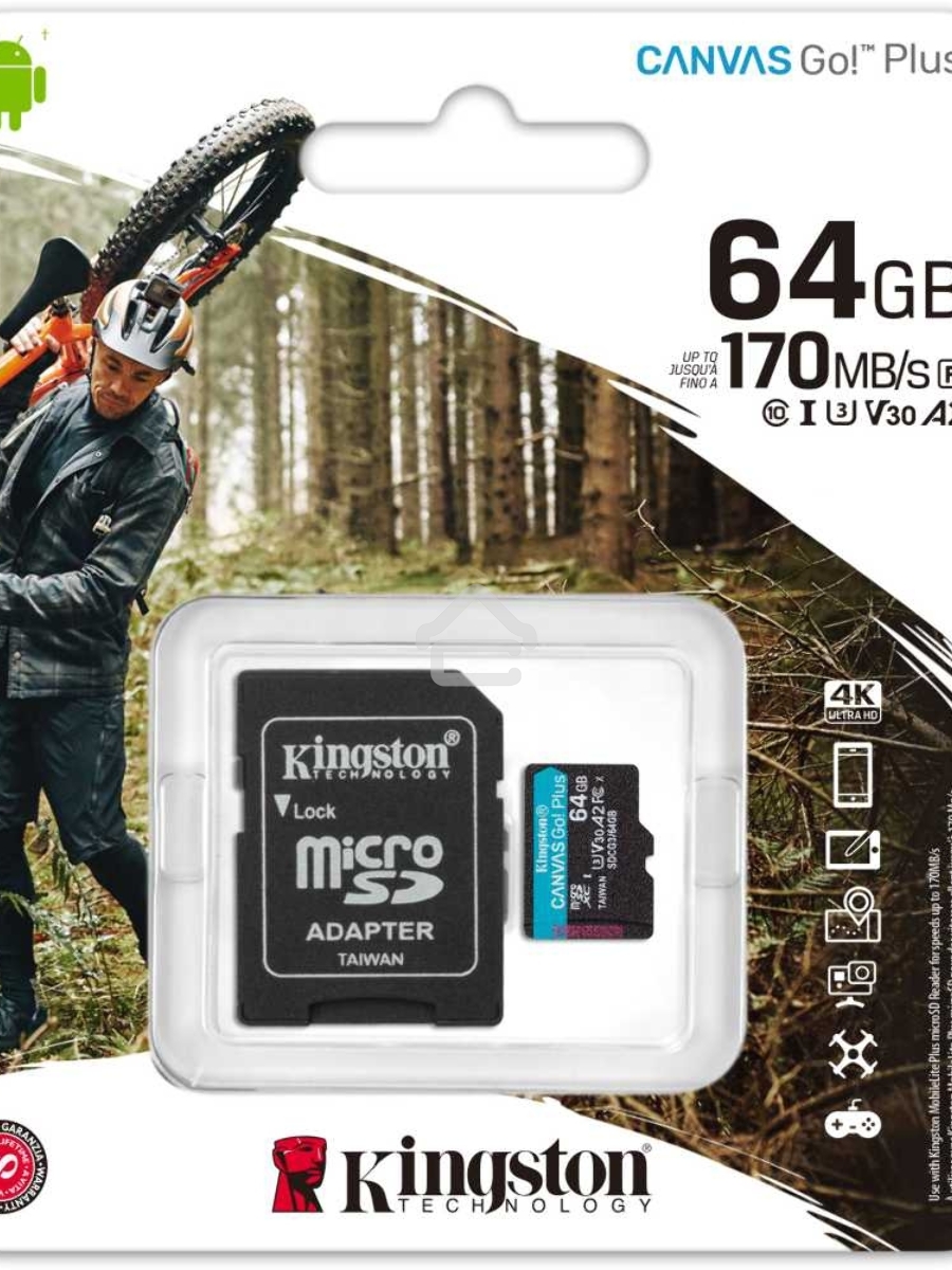 Флеш карта Kingston 64GB microSDXC Canvas Go Plus 170R A2 U3 V30 Card + ADP EAN: 740617301045