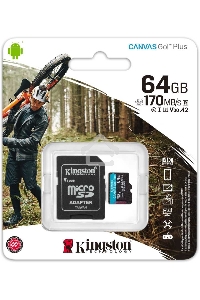 Флеш карта Kingston 64GB microSDXC Canvas Go Plus 170R A2 U3 V30 Card + ADP EAN: 740617301045