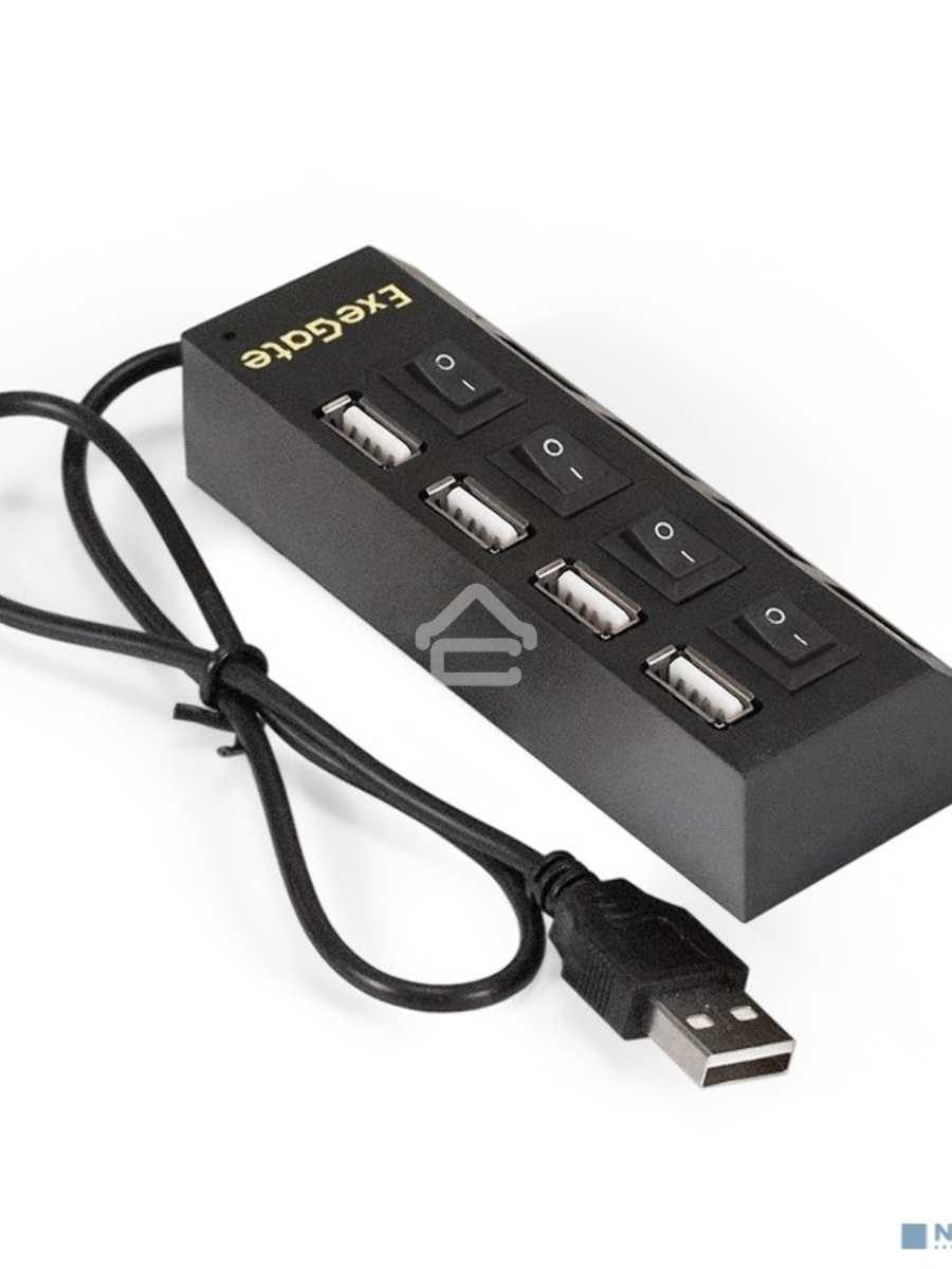 Хаб USB (концентратор) ExeGate EX293977RUS DUB-42SW (кабель-адаптер USB2.0 --> 4xUSB2.0, кнопки включения/отключения для каждого порта, Plug&Play, черный)