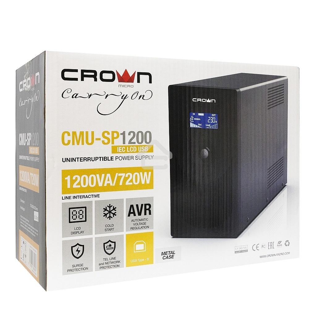 Источник бесперебойного питания CROWN Line Intractive CMU-SP1200IEC LCD USB 1200VA\720W, корпус металл, 2x12V/9AH, розетки 8*IEC, трансформатор AVR 140-290V, LCD-дисплей, cъёмный кабель 1.2 м, порт RJ11/45, порт USB, защита: от перегрузки, от КЗ, от скачк