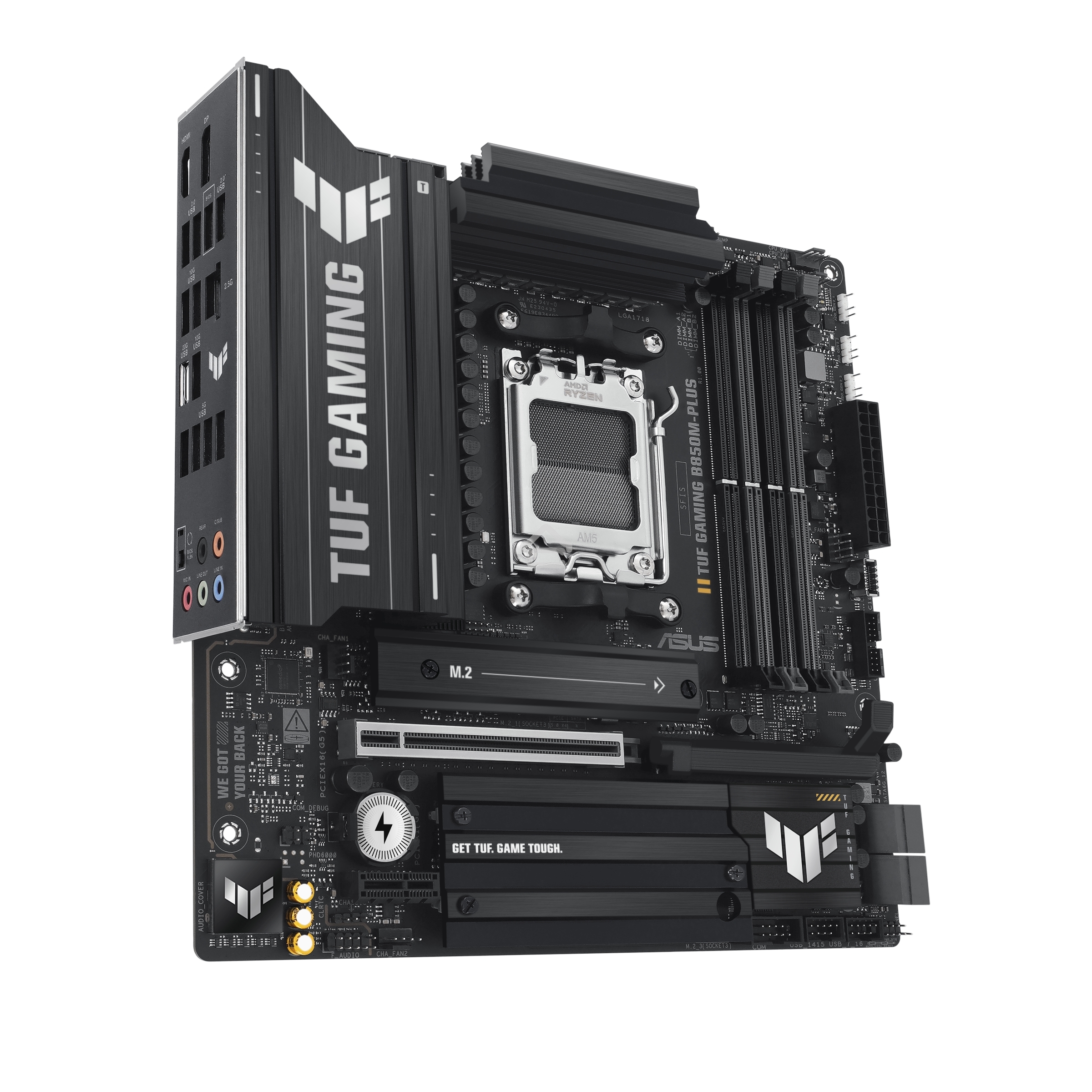Материнская плата ASUS TUF Gaming B850M-Plus, AM5, AMD B850, 4xDDR5, 4xSATA, 3xM.2, 1xPCIe 5.0 x16, 1xPCIe 4.0 x4, 1xPCIe x1, 1xDP, 1xHDMI, 1x2.5Gb LAN, 4xUSB 2.0, 4xUSB 3.2 Gen 1, 3xUSB 3.2 Gen 2, 1xUSB-C, 3x3.5 мм, 7.1, mATX