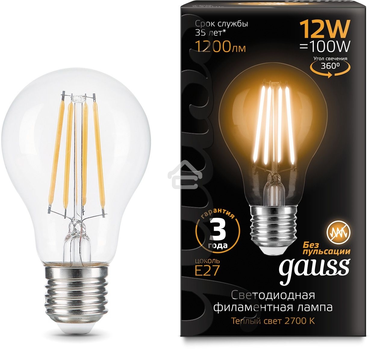 Лампа cветодиодная Gauss Filament А60 12W 1200lm 2700К Е27 LED 1/10/40
