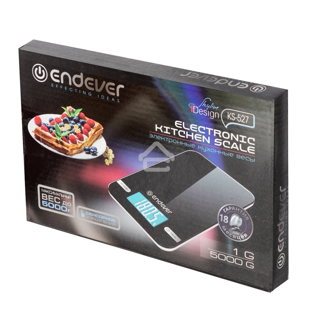 Весы кухонные электронные Endever Skyline KS-527, вес от 2 г до 5 кг. Закаленное стекло повышенной прочности, LCD-дисплей, авто откл.