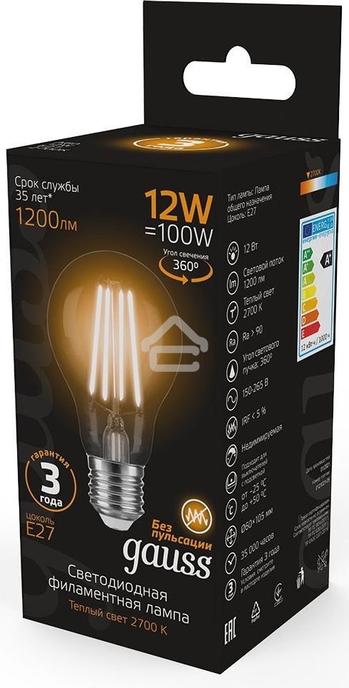 Лампа cветодиодная Gauss Filament А60 12W 1200lm 2700К Е27 LED 1/10/40