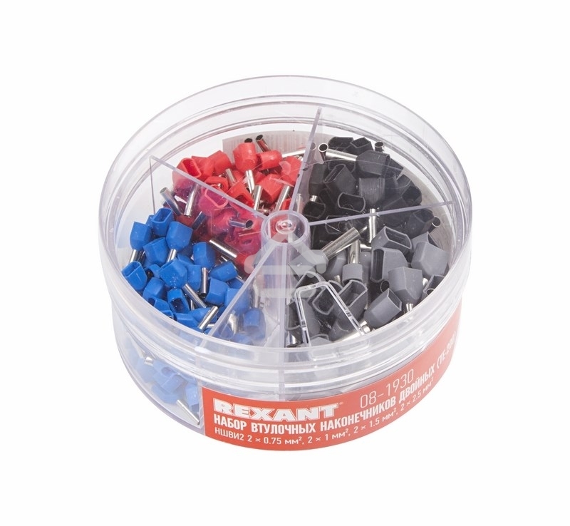 Набор втулочных наконечников Rexant двойных НШВИ2 (2х0.75 мм²; 2х1 мм²; 2х1.5 мм²; 2х2.5 мм²) в боксе (ТE-200)