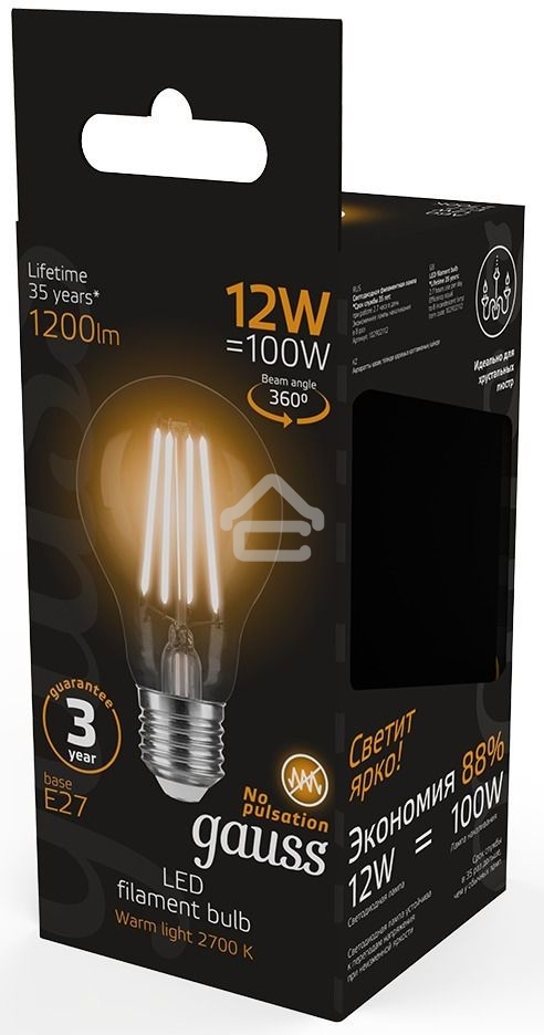 Лампа cветодиодная Gauss Filament А60 12W 1200lm 2700К Е27 LED 1/10/40
