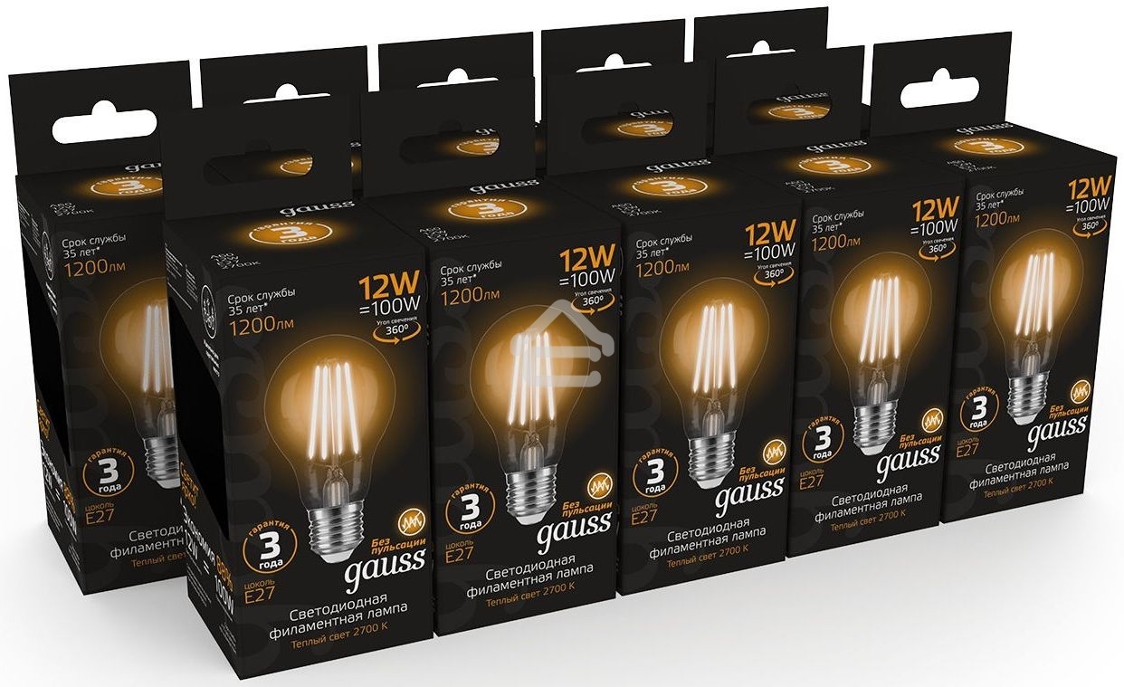Лампа cветодиодная Gauss Filament А60 12W 1200lm 2700К Е27 LED 1/10/40
