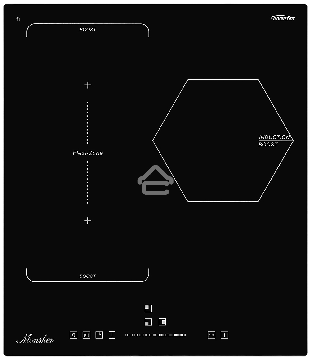 Индукционная варочная панель Monsher, инвертер, слайдерное управление, автоматическое отключение, блокировка панели управления, индикация остаточного тепла, 9 уровней мощности, Stop and Go, Booster, таймер, черный