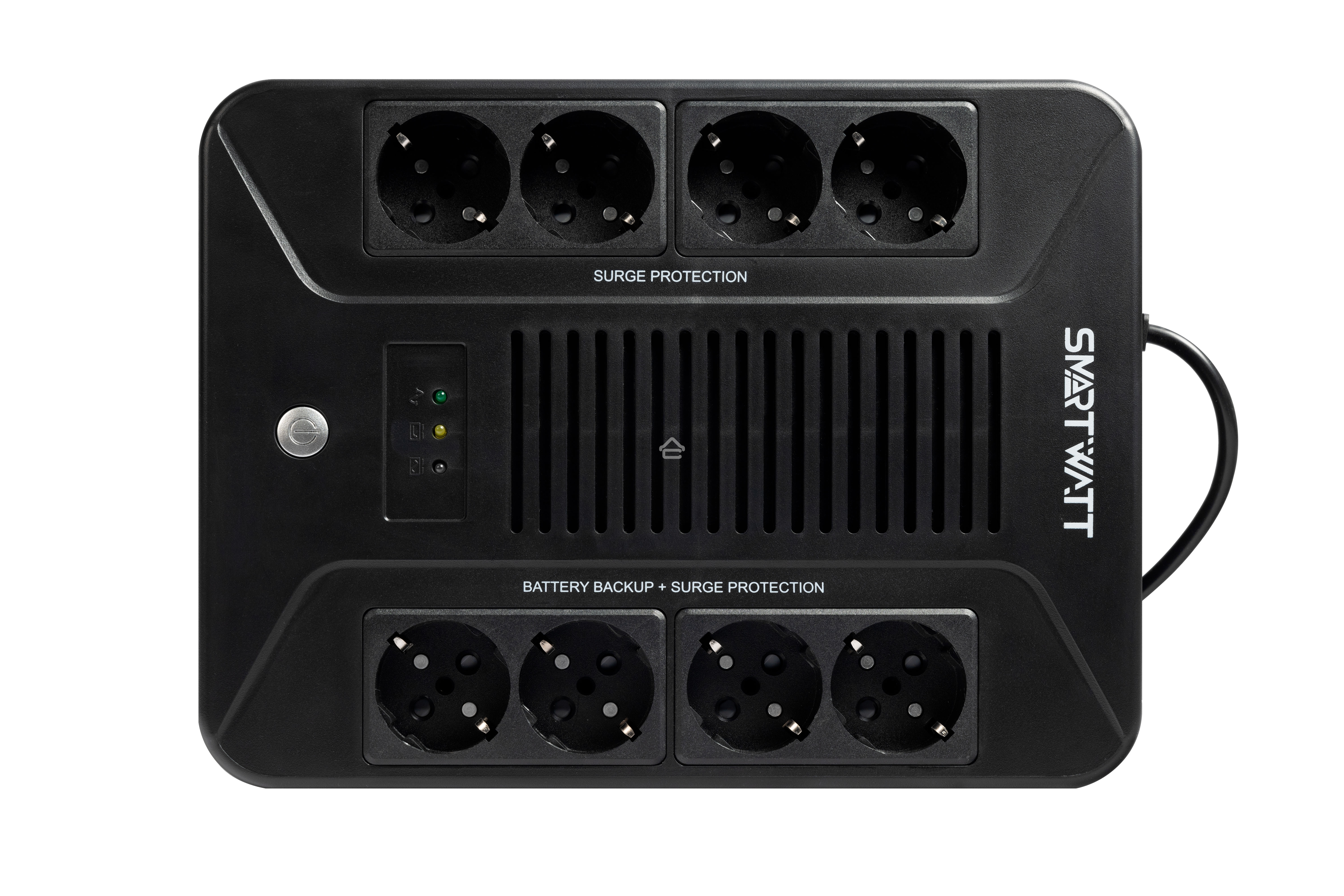 Источник бесперебойного питания SMARTWATT UPS SAFE PRO 1000 черный 1000/600 ВА/Вт, линейно-интерактивный, напольный/настенный, LED индикация, Shuko CEE7/4 - 8 шт. (4 шт. с резервным питанием, 4 шт. - сетевой фильтр)