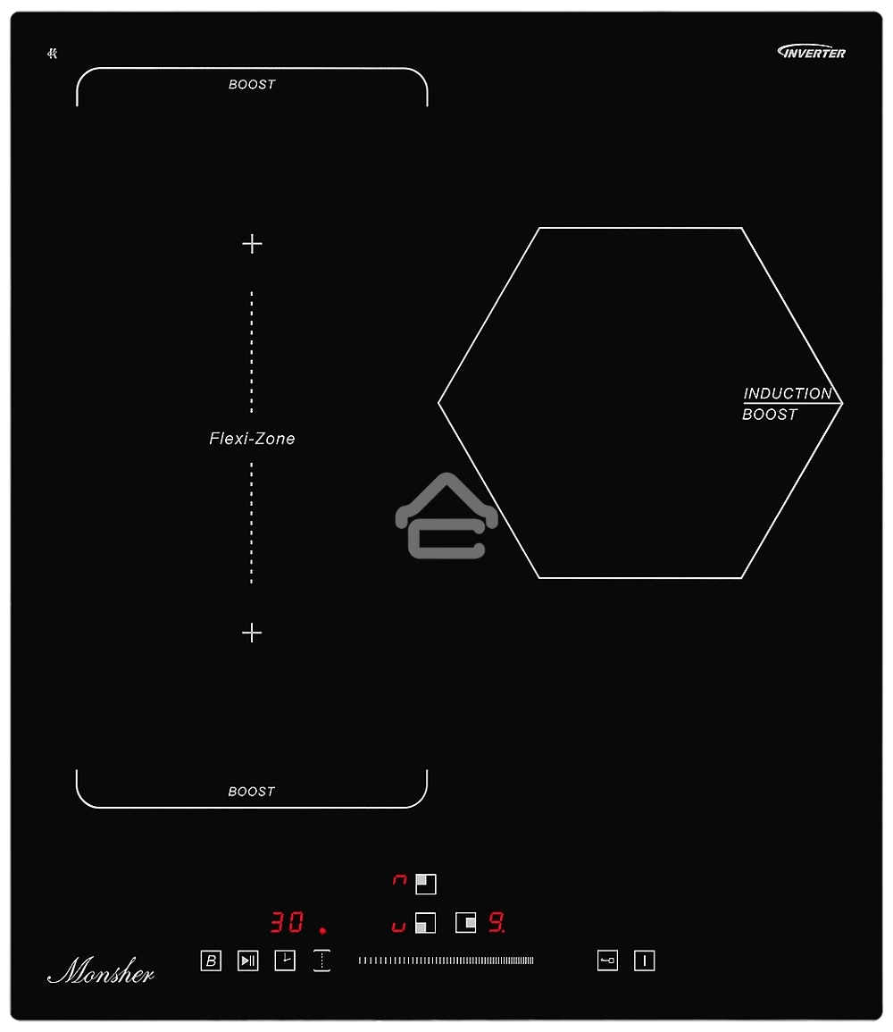 Индукционная варочная панель Monsher, инвертер, слайдерное управление, автоматическое отключение, блокировка панели управления, индикация остаточного тепла, 9 уровней мощности, Stop and Go, Booster, таймер, черный
