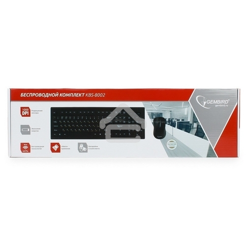 Комплект клавиатура+мышь беспроводные Gembird KBS-8002, 2.4ГГц, черный, 104 клавиши+2 кнопки+колесо кнопка, 1000DPI, батарейки в комплекте
