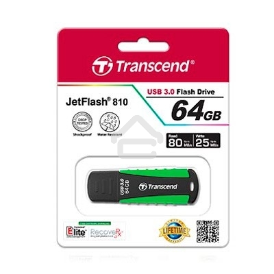 Флешка USB Transcend JetFlash 810 (TS64GJF810), 64Gb, USB 3.0, R/W 100/40, черный/зеленый