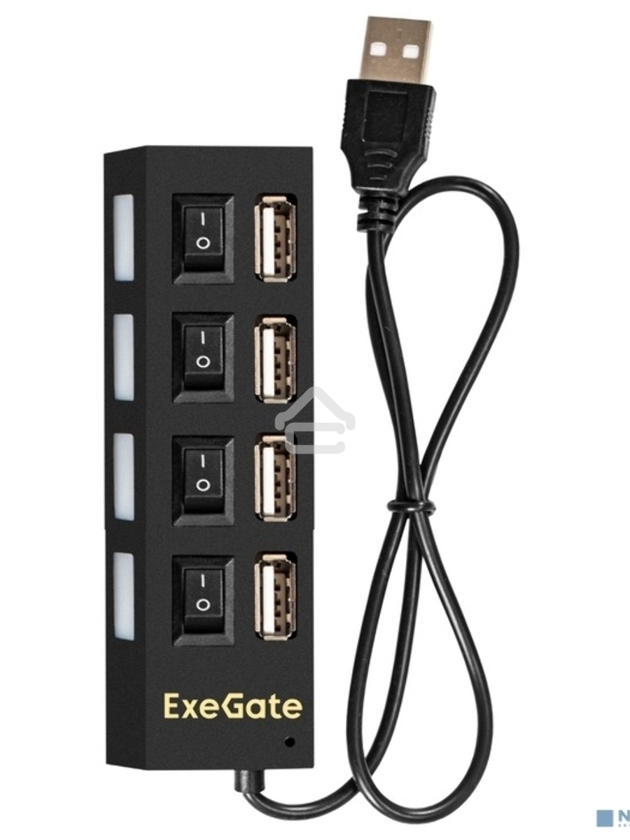 Хаб USB (концентратор) ExeGate EX293977RUS DUB-42SW (кабель-адаптер USB2.0 --> 4xUSB2.0, кнопки включения/отключения для каждого порта, Plug&Play, черный)