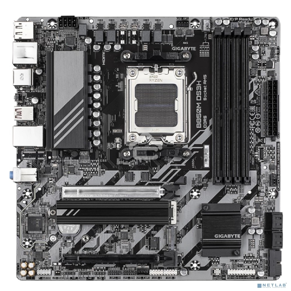 Материнская плата Gigabyte B850M DS3H, AM5, AMD B850, 4xDDR5, 4xSATA, 2xM.2, 1xPCIe 5.0 x16, 1xPCIe 3.0 x4, 1xHDMI, 2xDP, 1x 2.5Gb LAN, 3xUSB-A 3.2 Gen 1, 1xUSB-A 3.2 Gen 2, 4xUSB-A 2.0, 1xUSB-C 3.2 Gen 2, 3x3.5 мм, 7.1, mATX