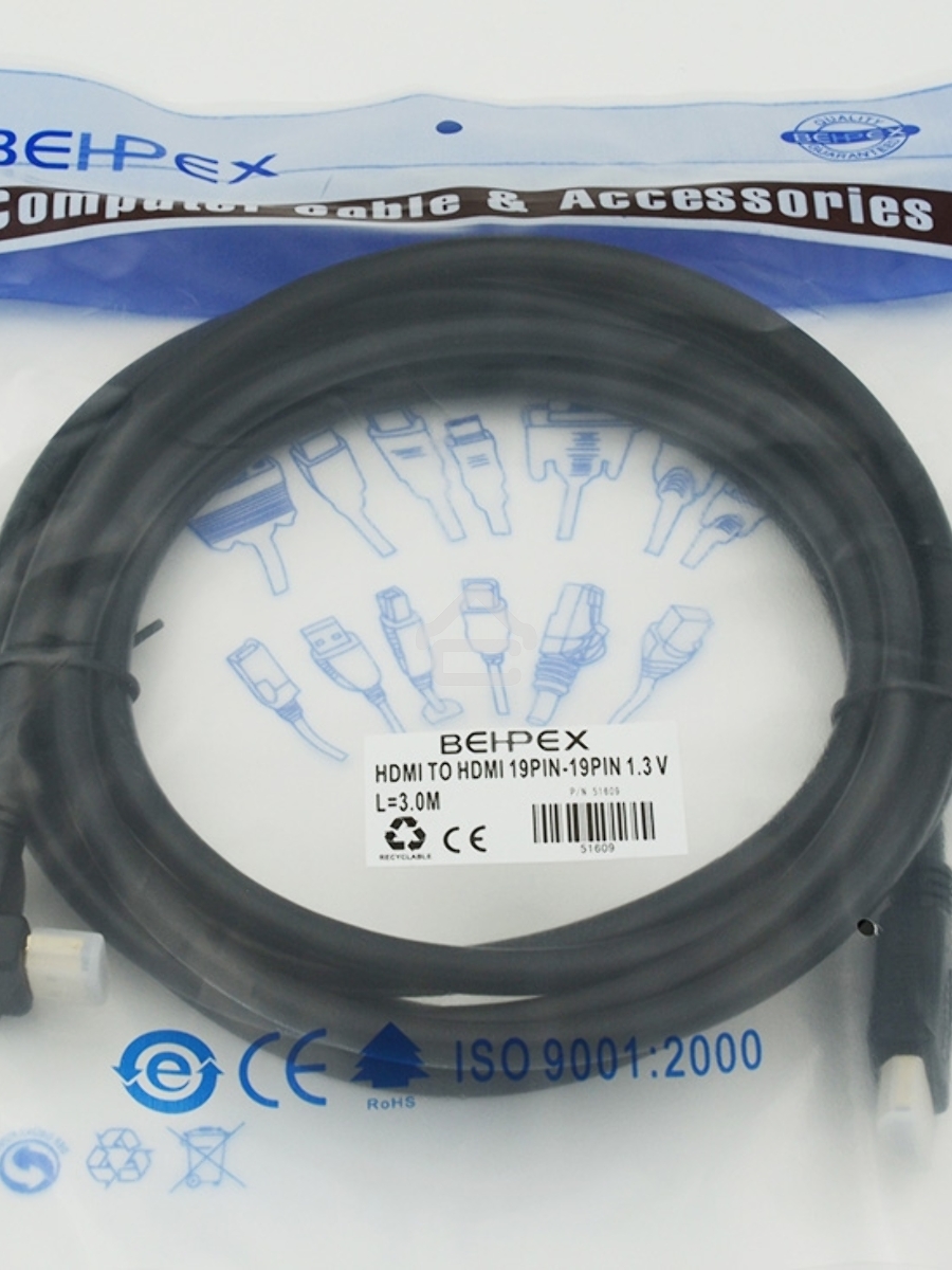 Кабель HDMI 3м, 19pin to 19pin, 1 угловой разъем, черный