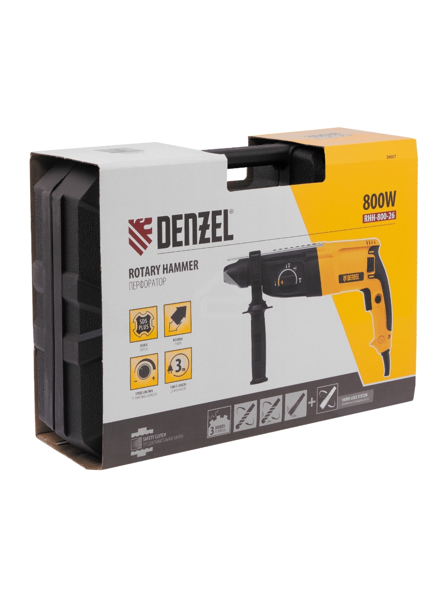 Перфоратор электрический RHH-800-26, SDS-plus, 800 Вт, 3 Дж, 3 плюс 1 реж. Denzel