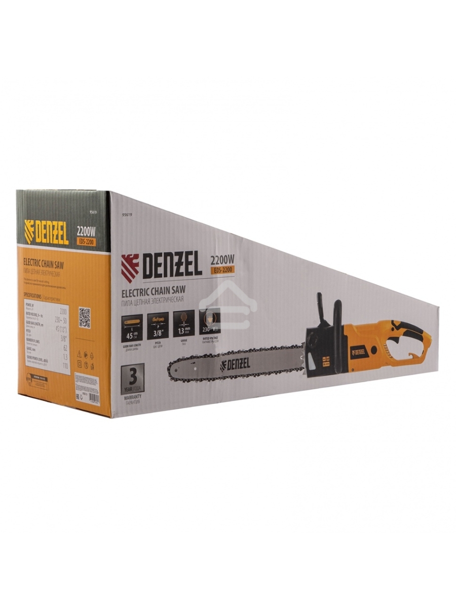 Пила цепная электрическая EDS-2200, 2,2кВт,продольная,шина 45см,шаг 3/8, паз 1,3мм, 62зв Denzel