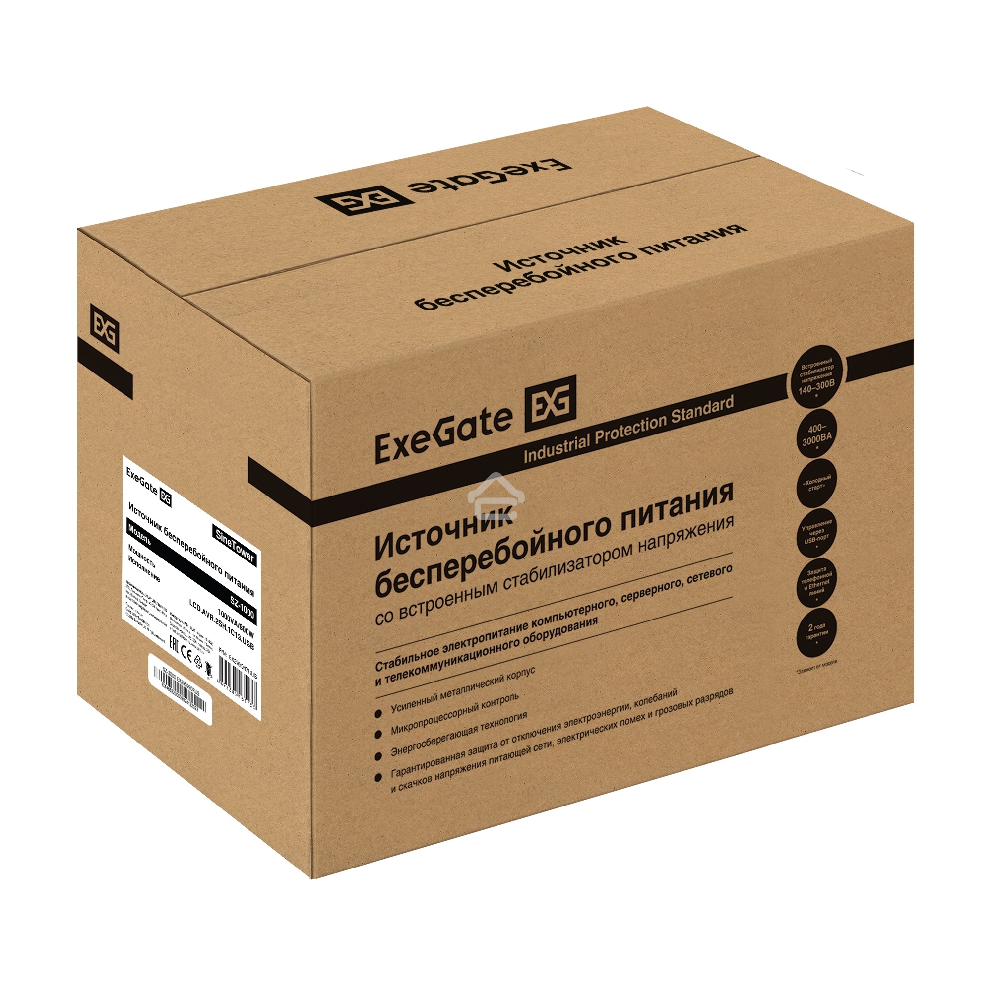 Комплект ИБП EX295987RUS + батарея 26Aч EX285663RUS 2шт (инвертор, синус, для котла) ExeGate SineTower SZ-1000.LCD.AVR.2SH.1C13.USB <1000VA/800W, чистый синусоида, LCD дисплей, AVR, 2*Schuko+1*C13, USB, линейно-интерактивный, черный> + батарея ExeGate HRL