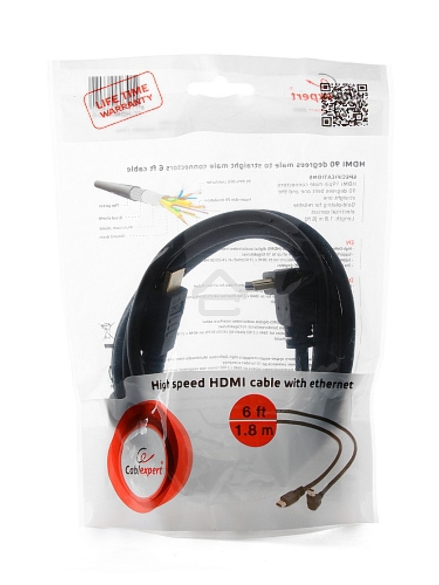 Кабель Cablexpert HDMI CC-HDMI490-6, 19M/19M, v2.0, медь, позол.разъемы, экран, угловой, 1.8м, черный, пакет