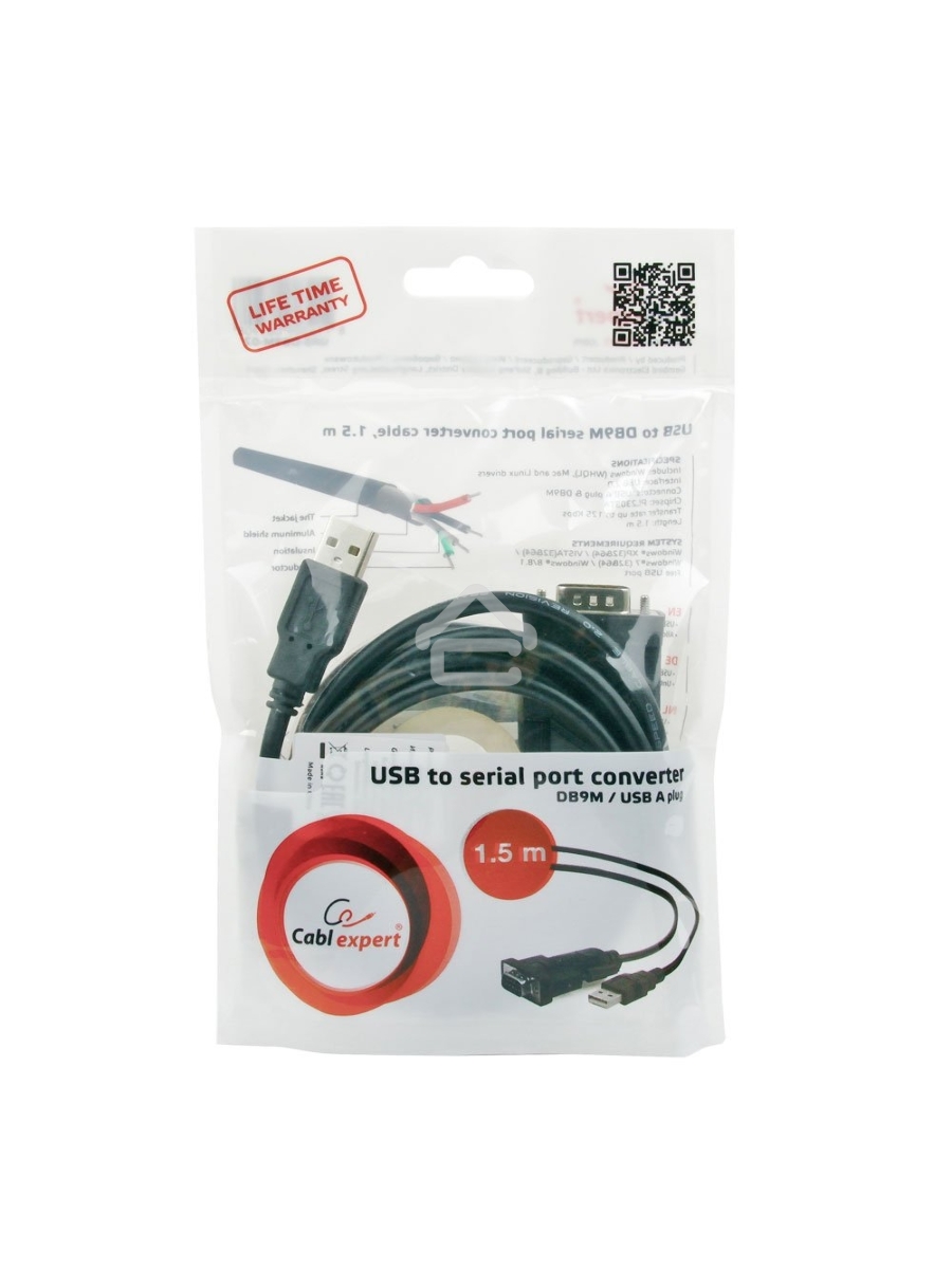 Конвертер USB->SERIAL Cablexpert UAS-DB9M-02 AM/DB9M, 1,5 м, PL2303TA, WinXP-Win8, черный, пакет