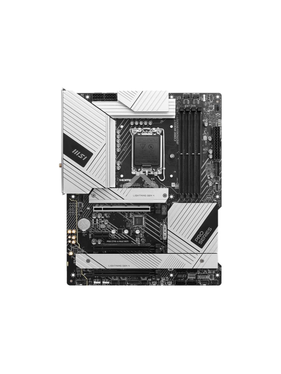 Материнская плата MSI PRO Z790-A MAX WIFI, LGA 1700, Intel Z790, 4xDDR5, 6xSATA, 4xM.2, 1xPCI-E 5.0 x16, 1xPCI-E 4.0 x16, 1xPCI-E 3.0 x16, 1xPCI-E x1, 1xHDMI, 1xDP, 1x2.5Gb LAN, 2xUSB-A 2.0, 2xUSB-A 3.2 Gen 1, 3xUSB-A 3.2 Gen 2, 1xUSB-C 3.2 Gen 2x2, 5x3.5