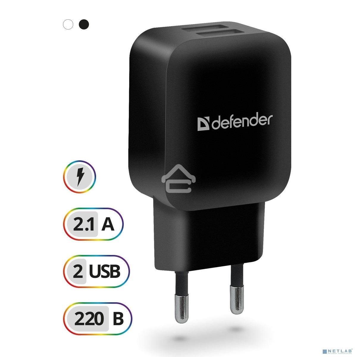 Сетевой адаптер Defender 2xUSB, 5V/2.1А, черный, пакет (EPA-13)