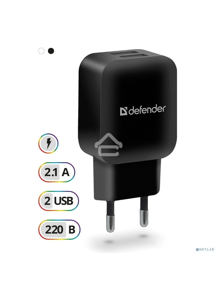 Сетевой адаптер Defender 2xUSB, 5V/2.1А, черный, пакет (EPA-13)