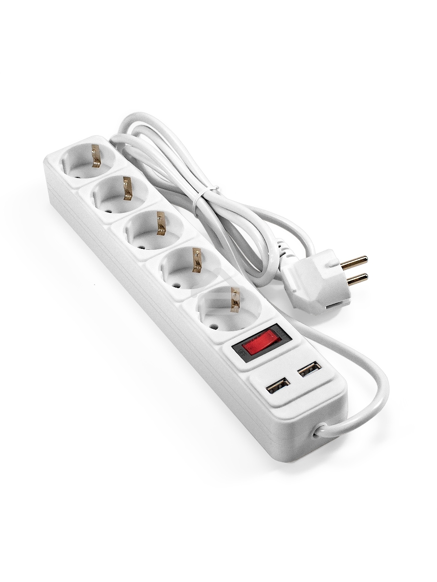 Сетевой фильтр-удлинитель с USB зарядкой ExeGate SP-5-USB-1.8W (5 евророзеток с заземлением, 2 USB-A 2A, 1.8м, защита от перегрузки, выключатель с подсветкой, белый)