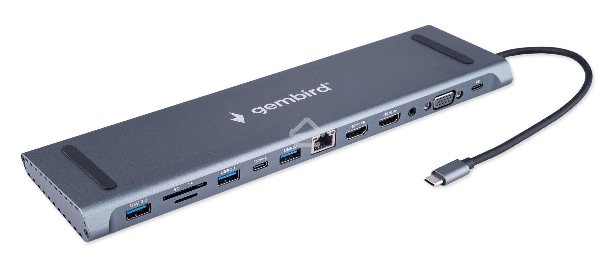 Док-станция Type-C Gembird UHB-D6, 12в1: 2xUSB3.1, USB2.0, RJ45, Type-C PD87W, Jack 3.5, SD/TF, 2xHDMI, VGA, Type-C, кабель 23см, алюминий