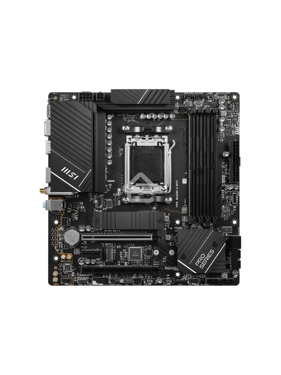 Материнская плата MSI PRO B650M-A WIFI, AM5, AMD B650, 4xDDR5, 4xSATA, 2xM.2, 1xPCI-E 4.0 x16, 1xPCI-E 4.0 x4, 1xDP, 1xHDMI, 1x2.5Gb LAN, 4xUSB 3.2 Gen 1, 4xUSB 3.2 Gen 2, 3x3.5 мм, 7.1, 802.11ax, 5.3, Micro-ATX