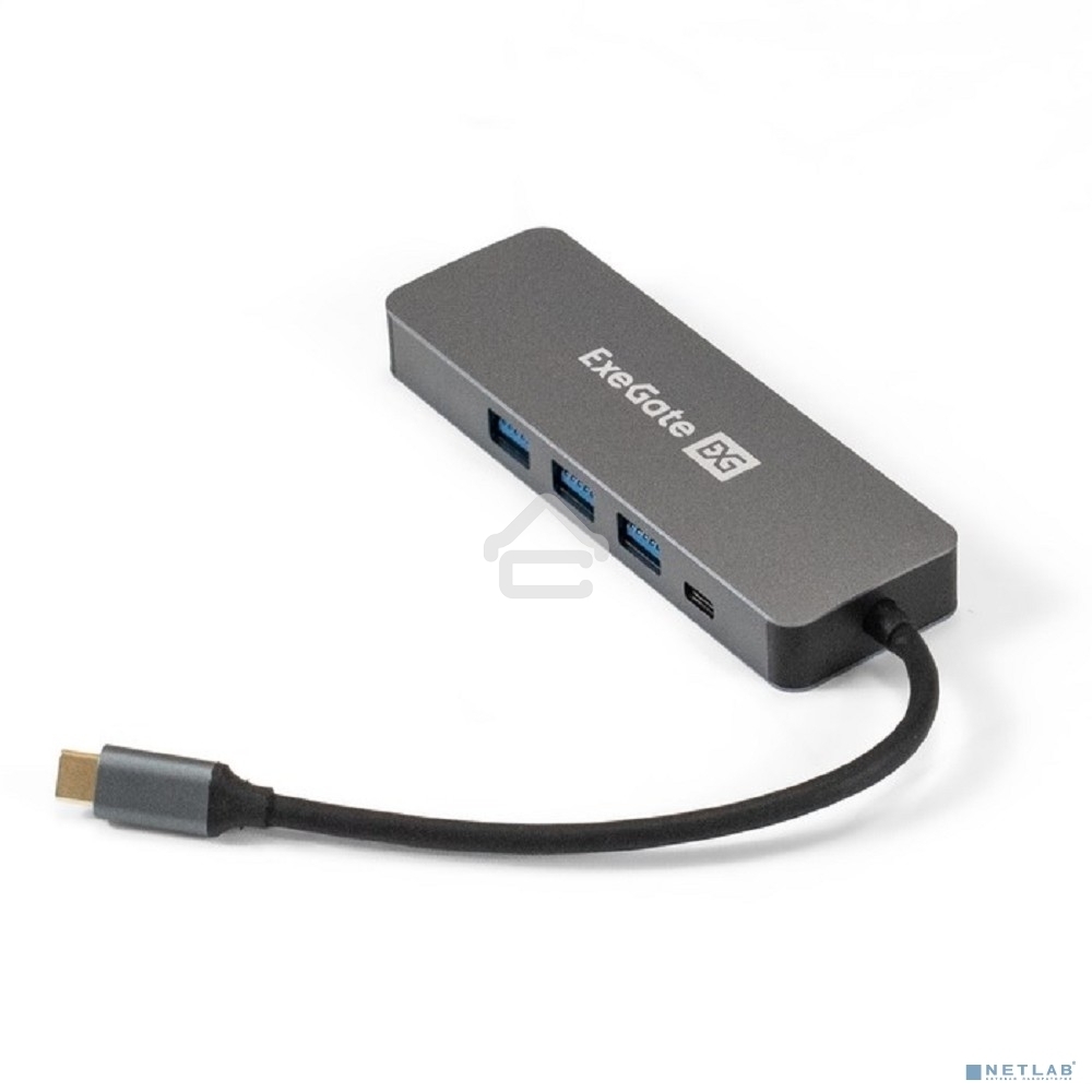 USB-концентратор ExeGate DUB-31C/PD/H (кабель-адаптер USB Type-C --> 3xUSB3.0 + PD 60W + HDMI 4K@30Hz, Plug&Play, серый)