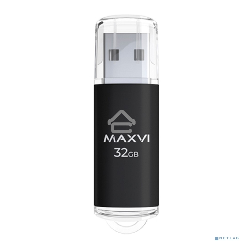 Флешка USB R/W Maxvi MP 32GB USB 2.0 black, монолит с колпачком, металл + ABS пластик
