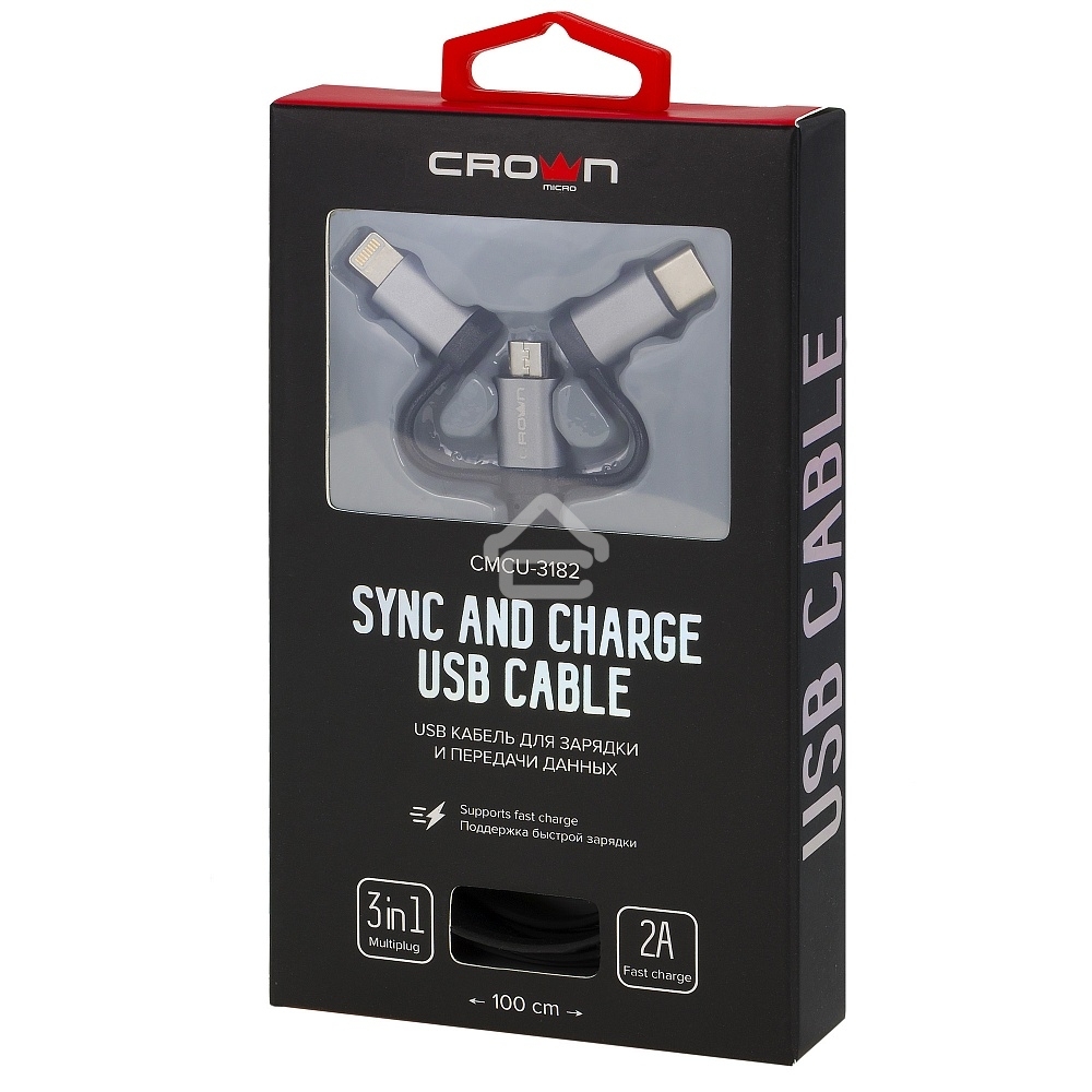 Кабель Crown USB - microUSB/USB Type-C/Lightning CMCU-3182 черный