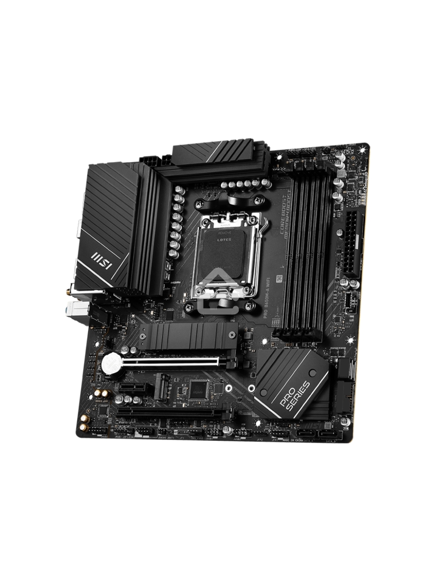 Материнская плата MSI PRO B650M-A WIFI, AM5, AMD B650, 4xDDR5, 4xSATA, 2xM.2, 1xPCI-E 4.0 x16, 1xPCI-E 4.0 x4, 1xDP, 1xHDMI, 1x2.5Gb LAN, 4xUSB 3.2 Gen 1, 4xUSB 3.2 Gen 2, 3x3.5 мм, 7.1, 802.11ax, 5.3, Micro-ATX