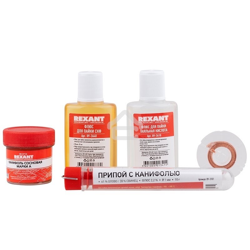 Набор для пайки Rexant К1 универсальный (припой, флюс ПК, флюс СКФ, канифоль, оплетка)