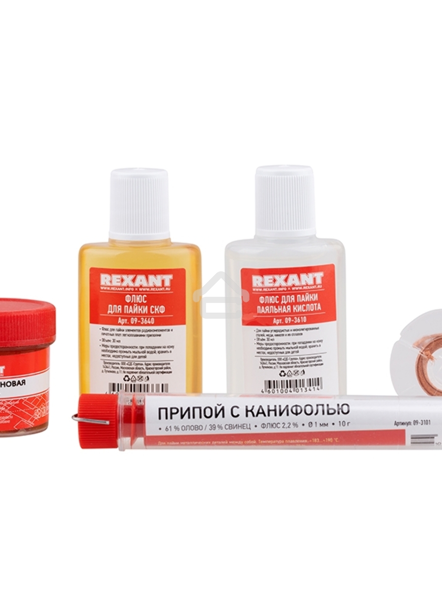 Набор для пайки Rexant К1 универсальный (припой, флюс ПК, флюс СКФ, канифоль, оплетка)