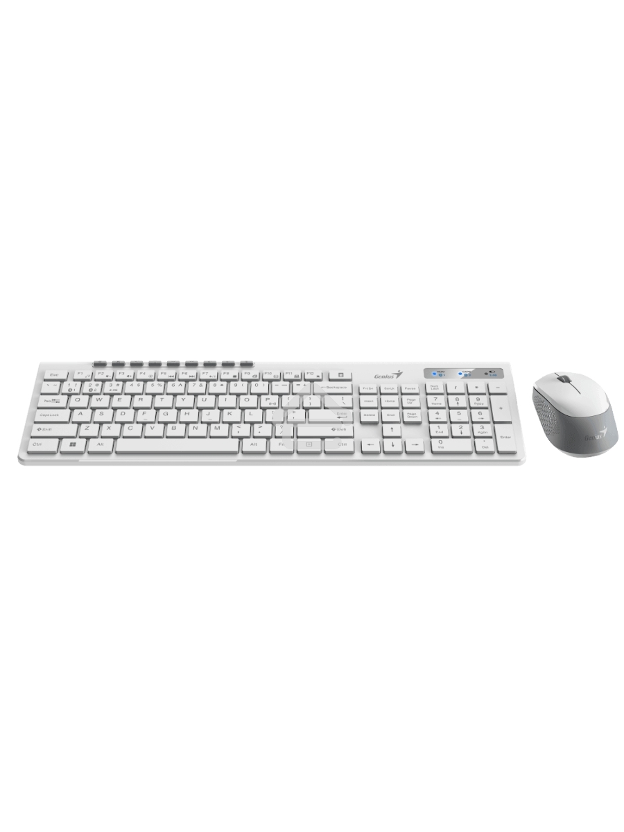Комплект беспроводной Genius Smart KM-8230 WHITE, клавиатура+мышь, USB, 1 мини-ресивер на оба устройства. Клавиатура: 104 клавиши кнопка SmartGenius, клавиши т