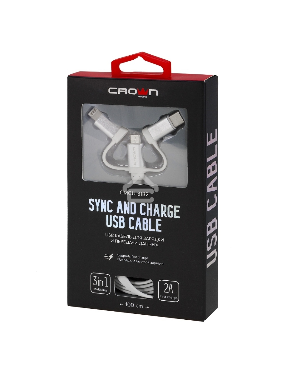 Кабель Crown USB - microUSB/USB Type-C/Lightning CMCU-3182 white