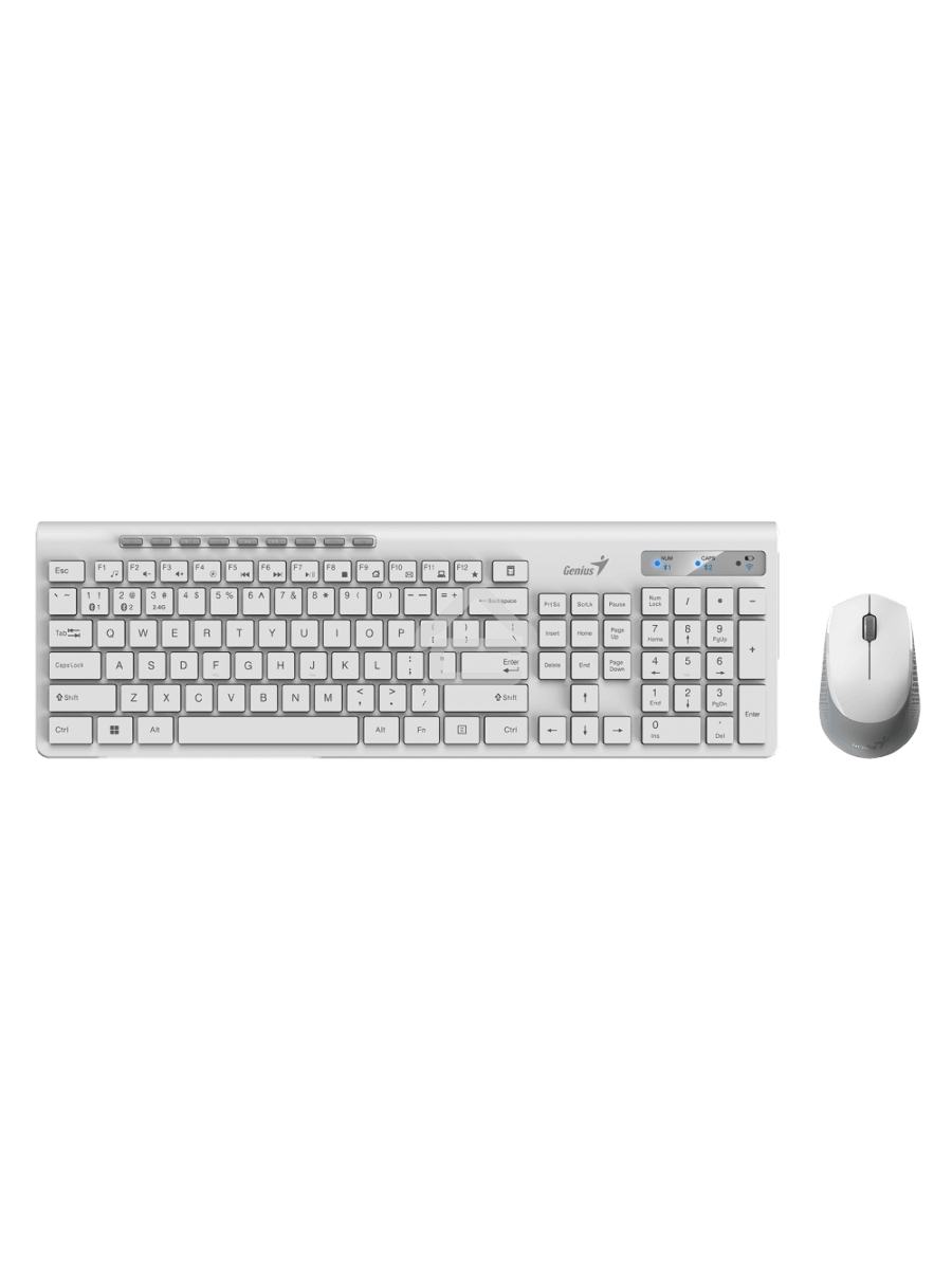 Комплект беспроводной Genius Smart KM-8230 WHITE, клавиатура+мышь, USB, 1 мини-ресивер на оба устройства. Клавиатура: 104 клавиши кнопка SmartGenius, клавиши т
