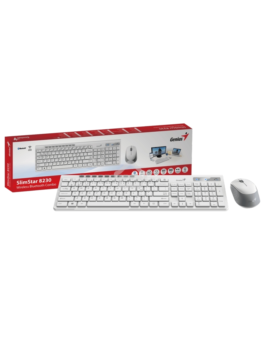 Комплект беспроводной Genius Smart KM-8230 WHITE, клавиатура+мышь, USB, 1 мини-ресивер на оба устройства. Клавиатура: 104 клавиши кнопка SmartGenius, клавиши т