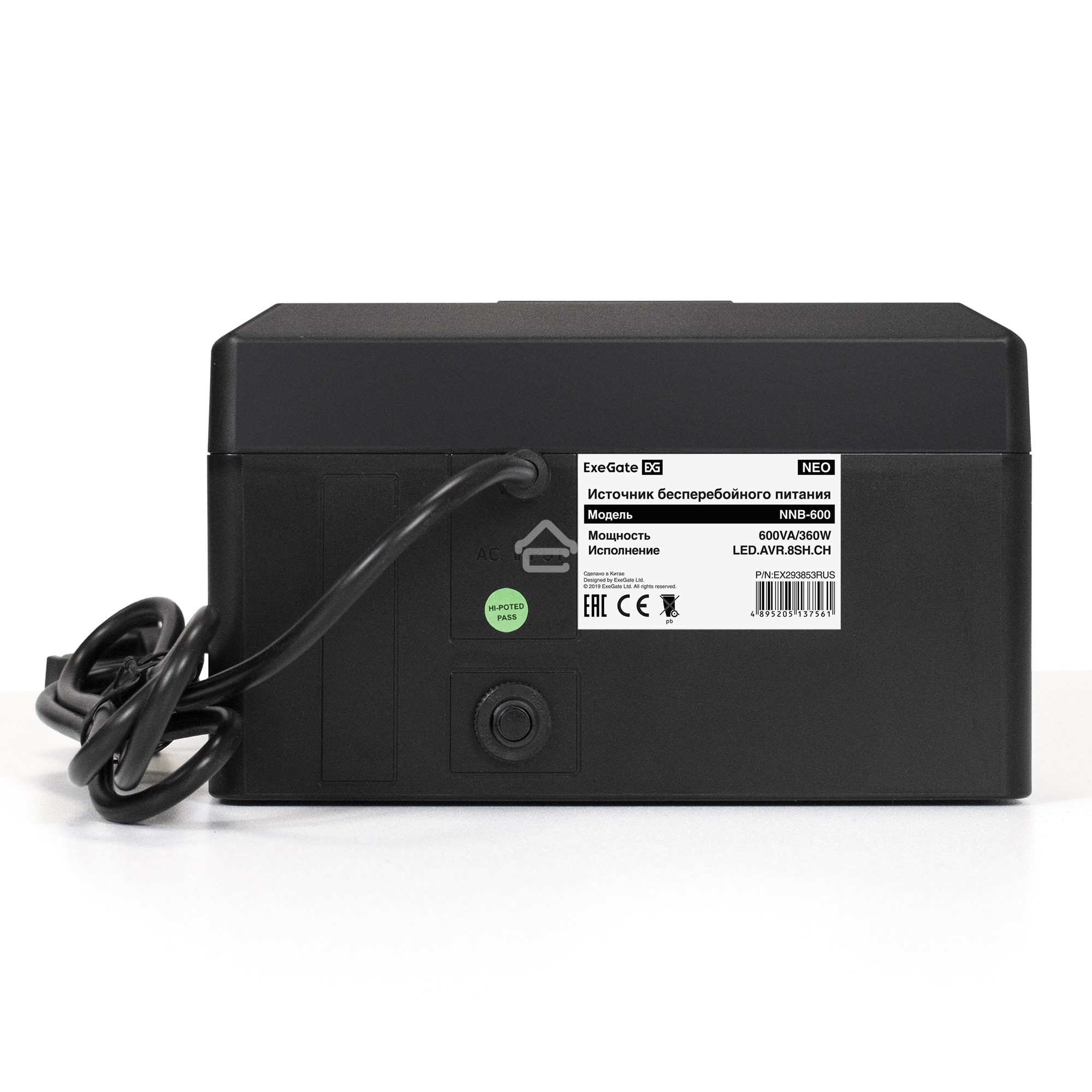 Источник бесперебойного питания ExeGate NEO NNB-600.LED.AVR.8SH.CH <600VA/360W, LED, AVR, 8*Schuko, 4*USB-порта для зарядки, Black>
