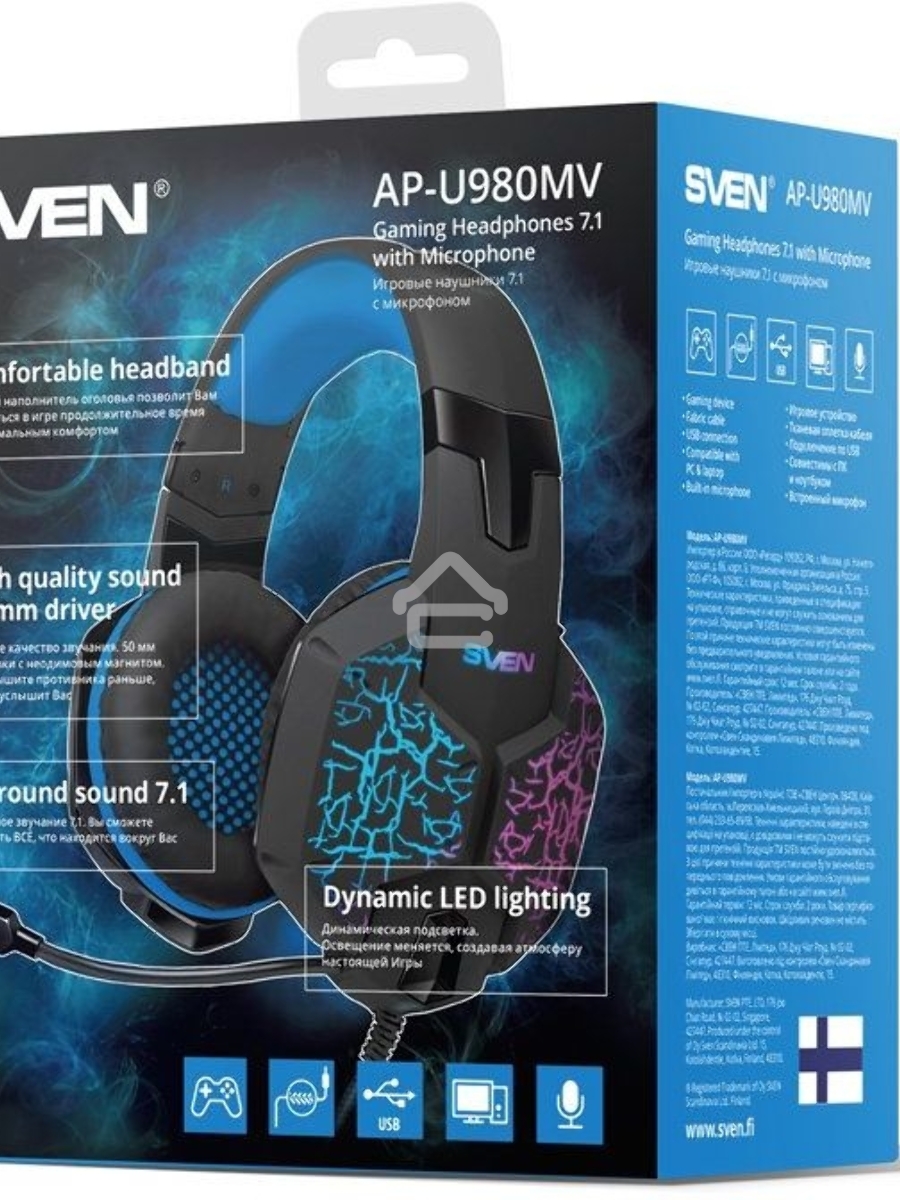 Гарнитура SVEN AP-U980MV, черный-синий (USB, LED, 7.1, 2.2m)